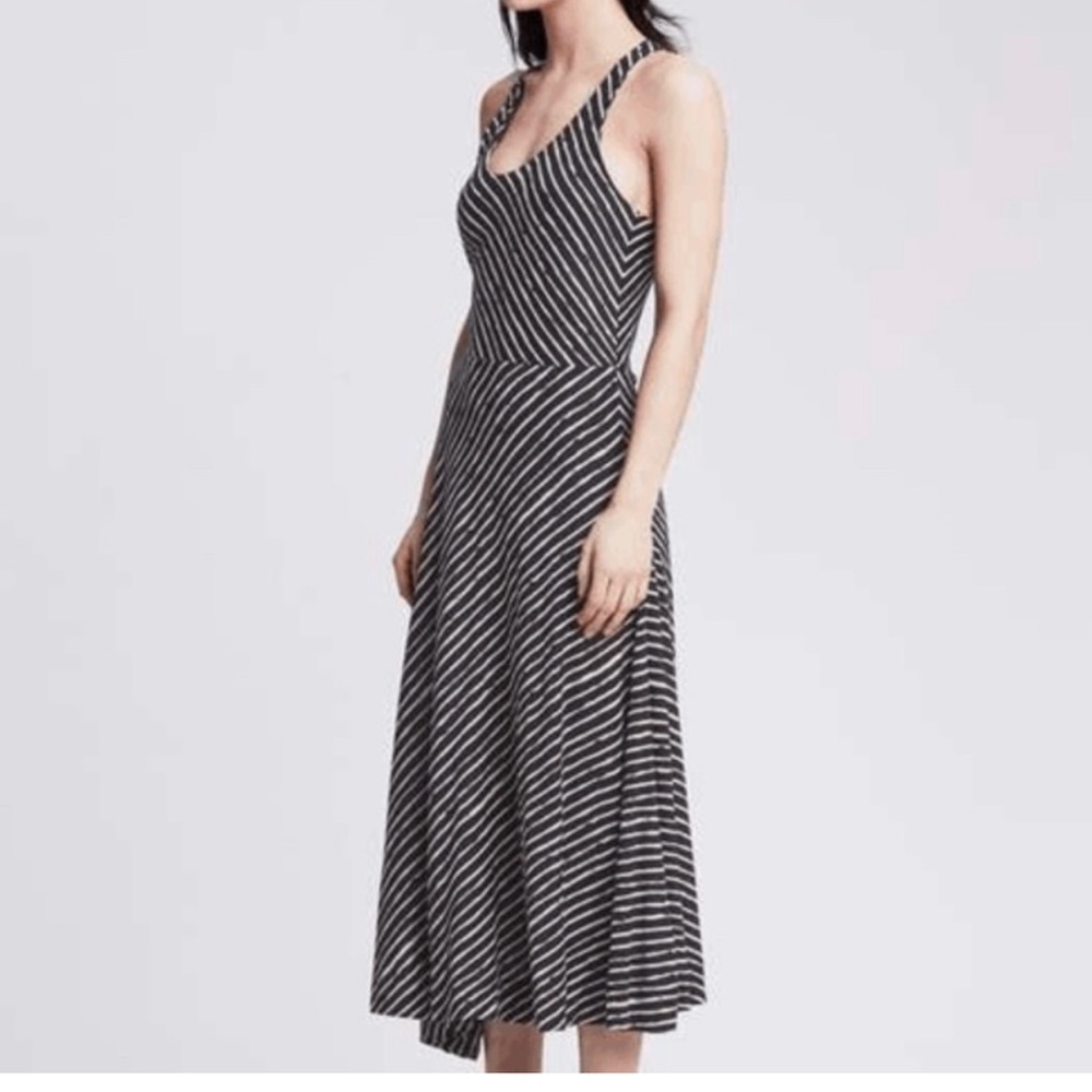 Banana Republic Patio Black Tan Striped Racerback Asymmetrical Dress Petite Sm